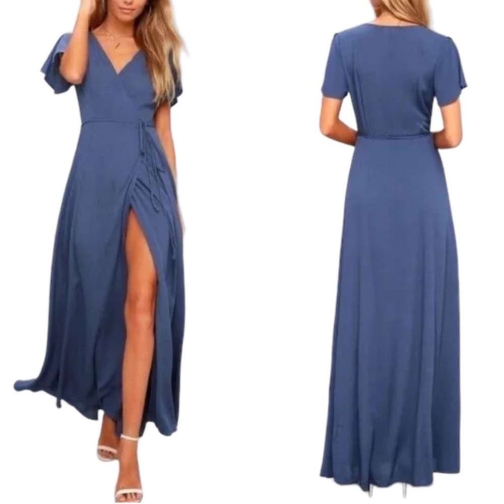 NWT Lulus Heart Of Marigold Wrap Maxi Dress Fluttering Sleeves Blue Sz L